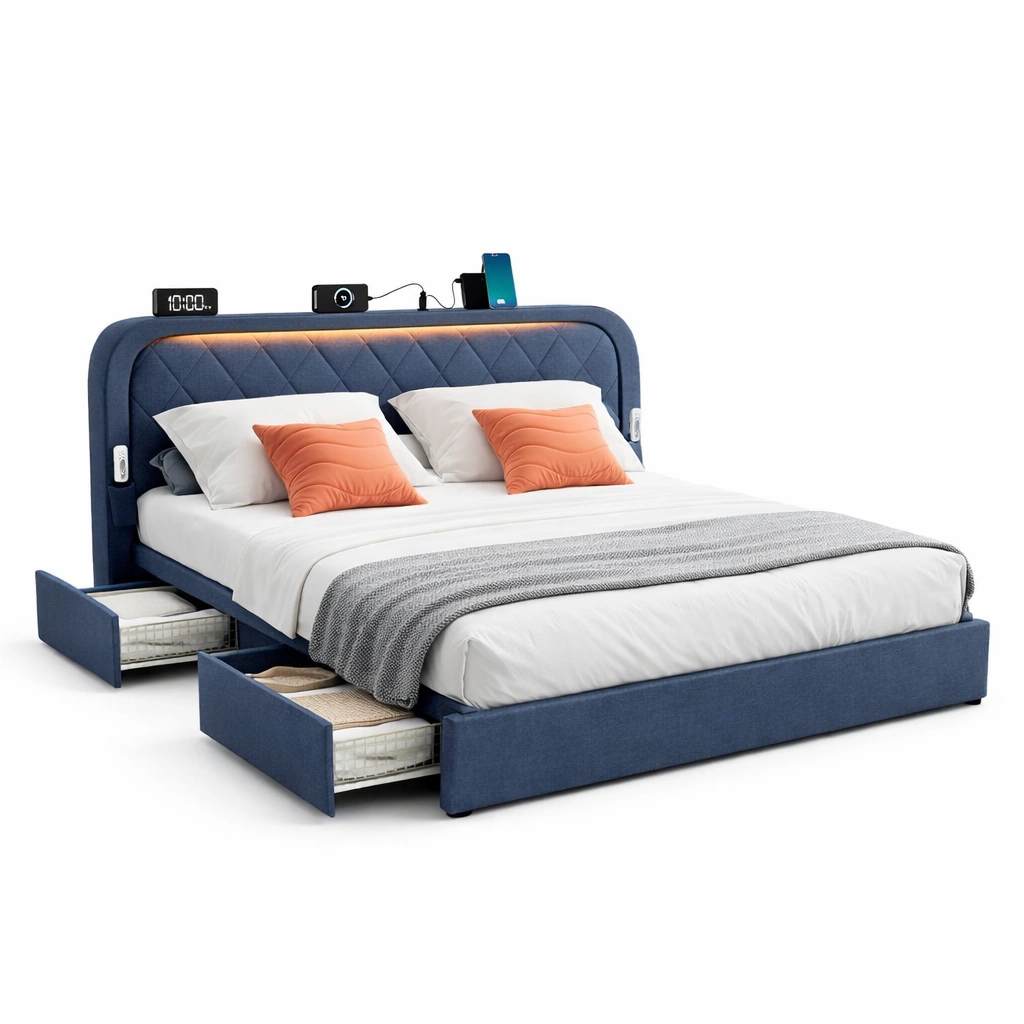 Lit double tissu bleu avec rangement et tte lumineuse-tavqorin