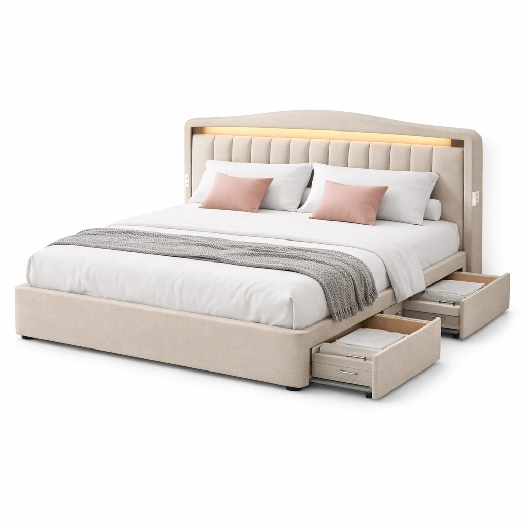 Lit double tissu beige capitonn avec tiroirs rangement-tavqorin