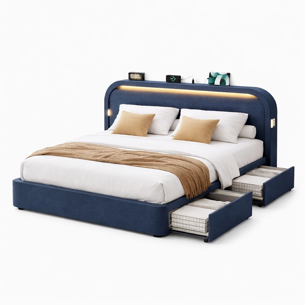 Lit double tissu bleu avec tiroirs et tte LED intgre-tavqorin