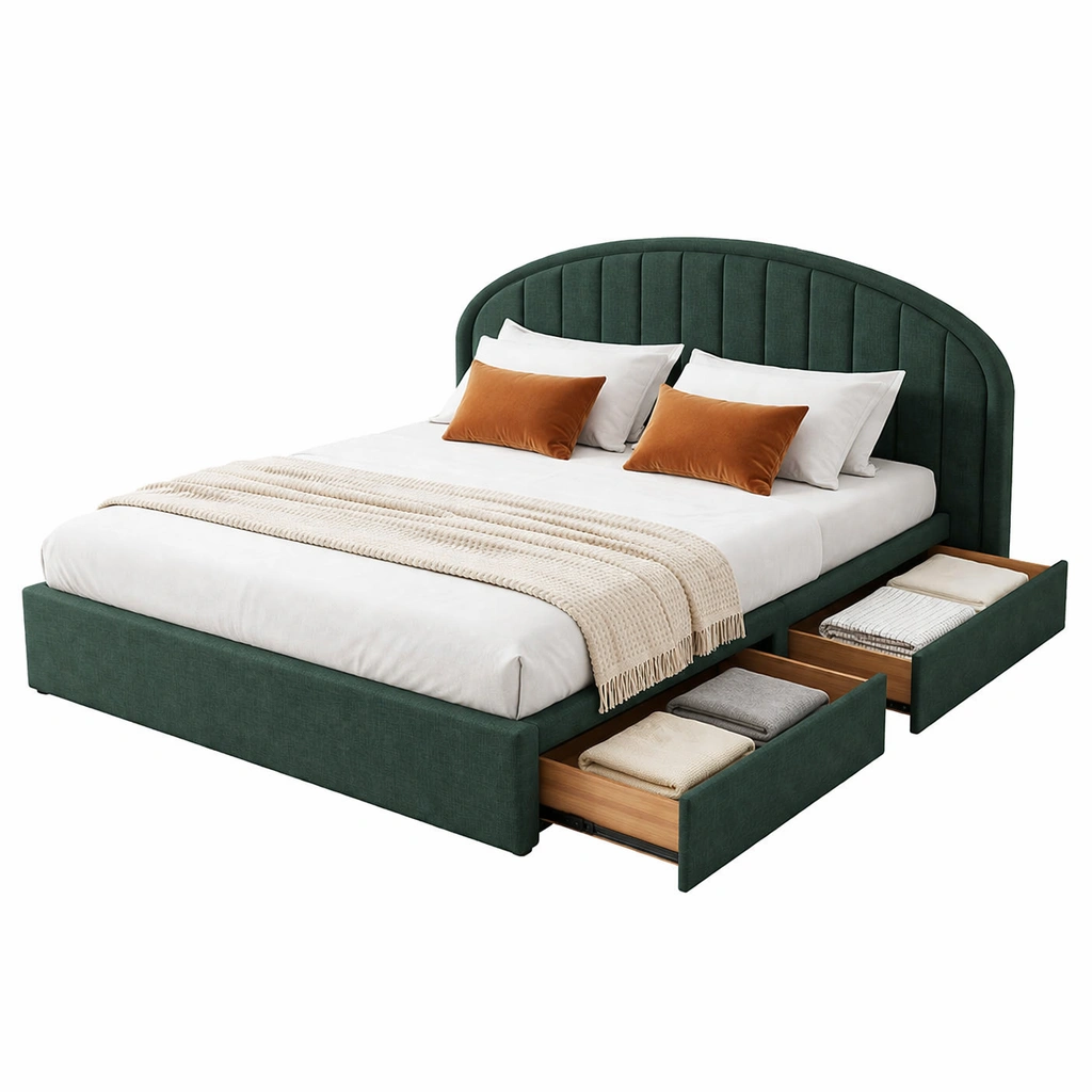 Lit double tissu vert avec tiroirs rangement design moderne-tavqorin