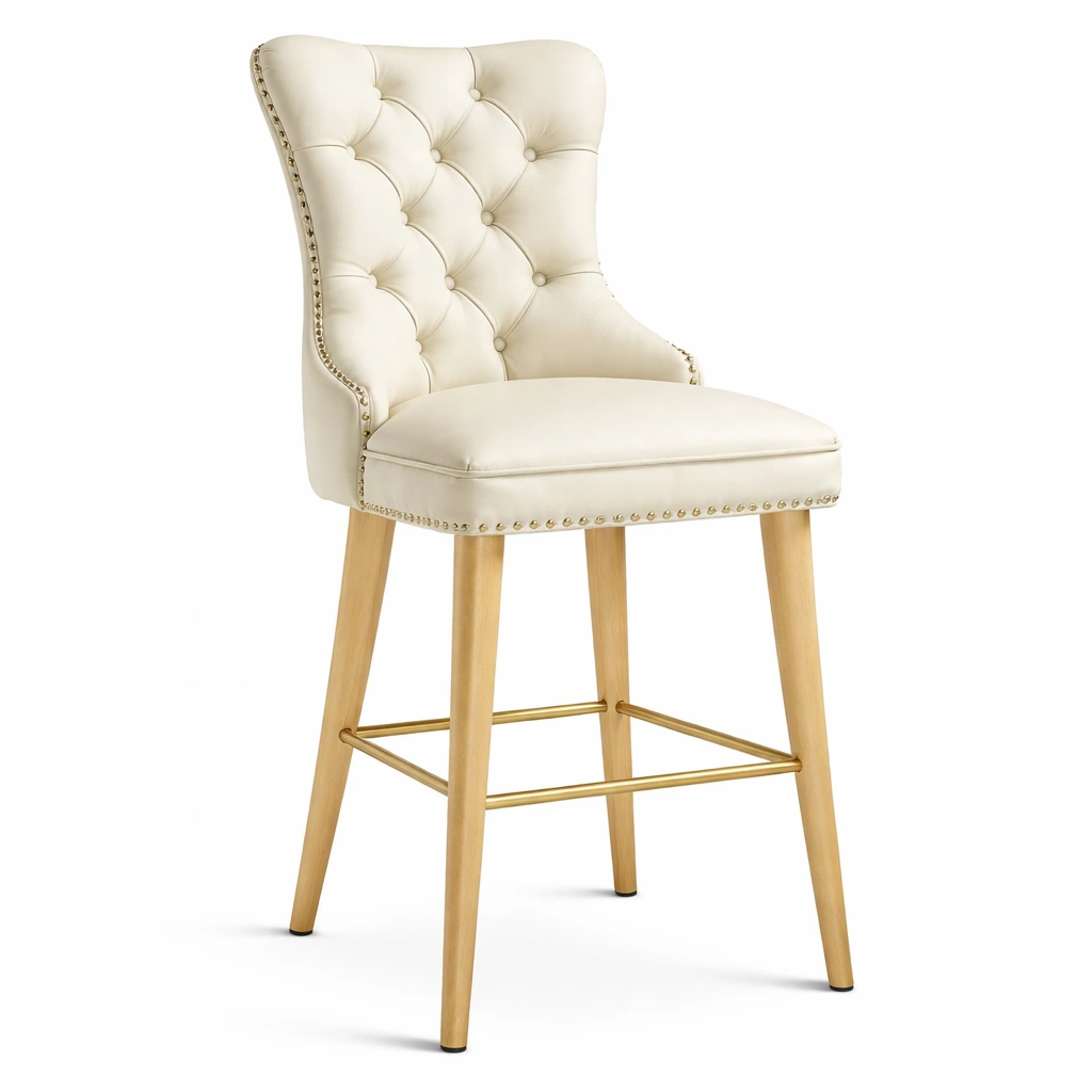 Chaise haute capitonne beige pieds bois mtal dor-tavqorin