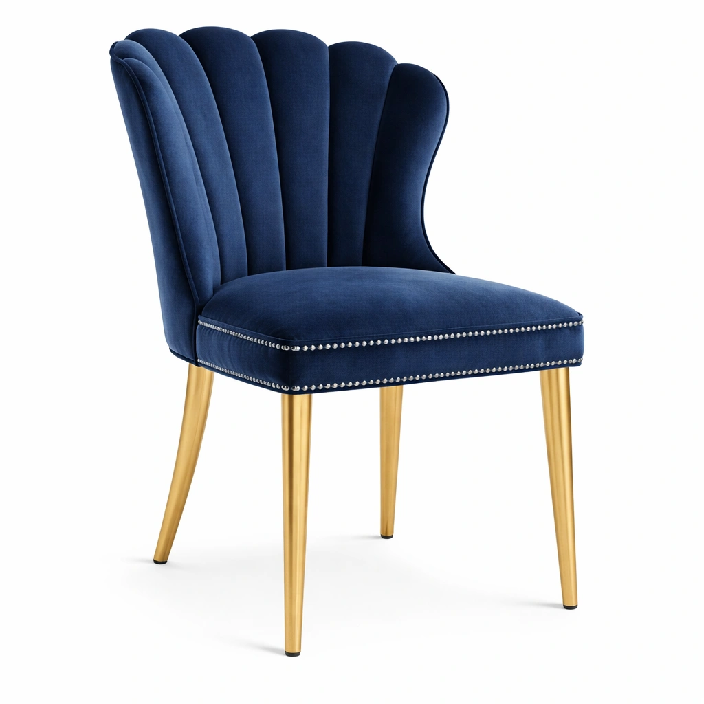 Chaise velours bleu dossier coquille pieds mtal dor-tavqorin