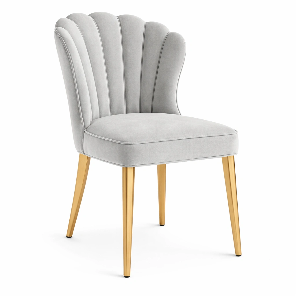 Chaise velours gris dossier coquille pieds mtal dor-tavqorin