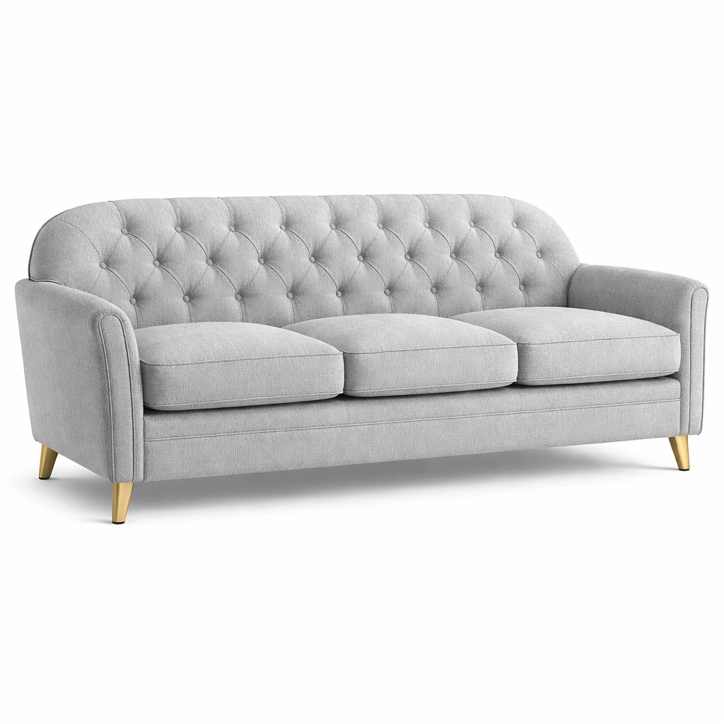 Canap trois places capitonn tissu gris pieds mtal dor-tavqorin