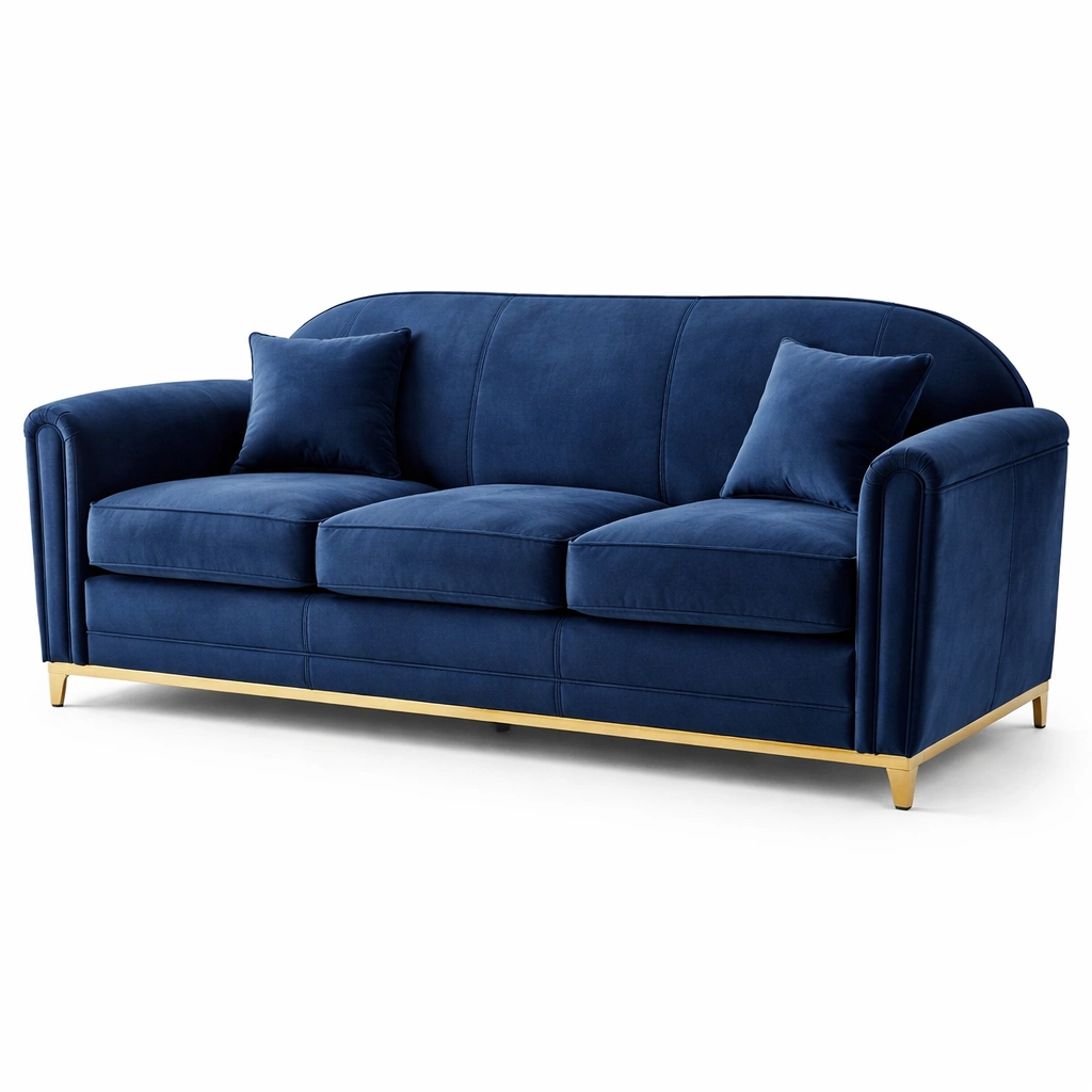 Canap trois places velours bleu pieds mtal dor moderne-tavqorin