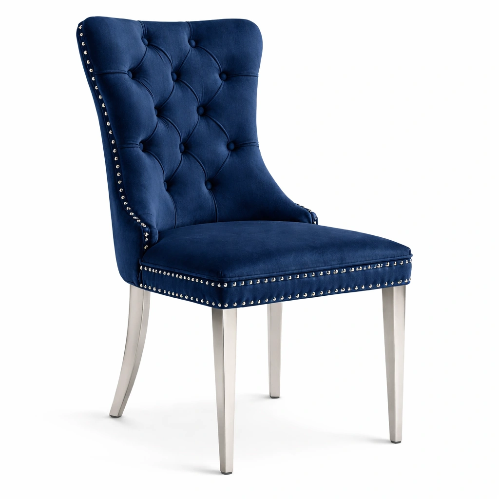 Chaise Velours Bleu Marine avec Pieds Argents-luxeronix