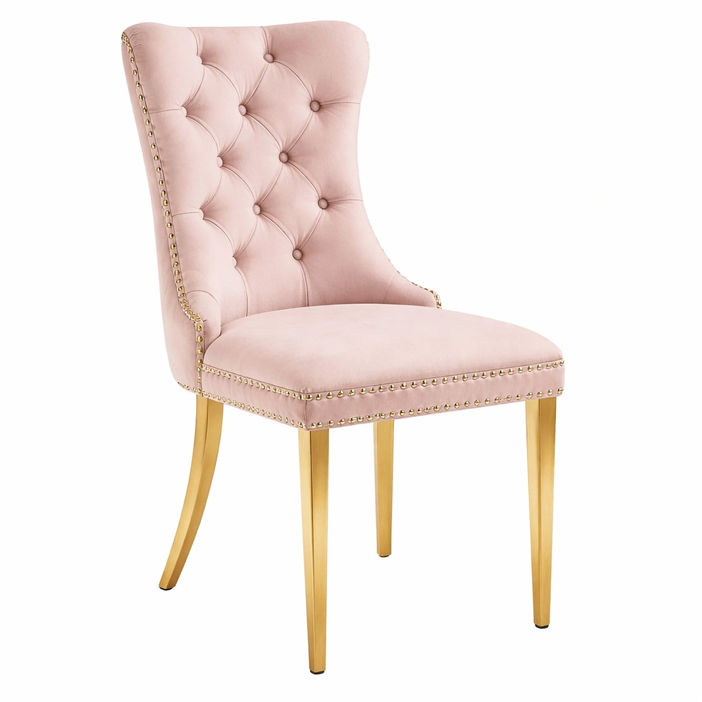 Chaise Velours Rose avec Pieds Dors Haut Dossier-luxeronix
