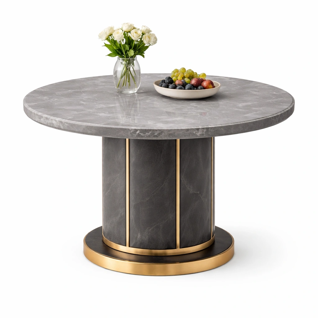 Table Ronde Marbre Gris et Dor-luxeronix