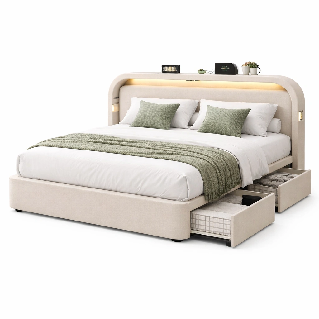 Lit rembourr avec rangement tiroirs et clairage intgr design-nexqorin