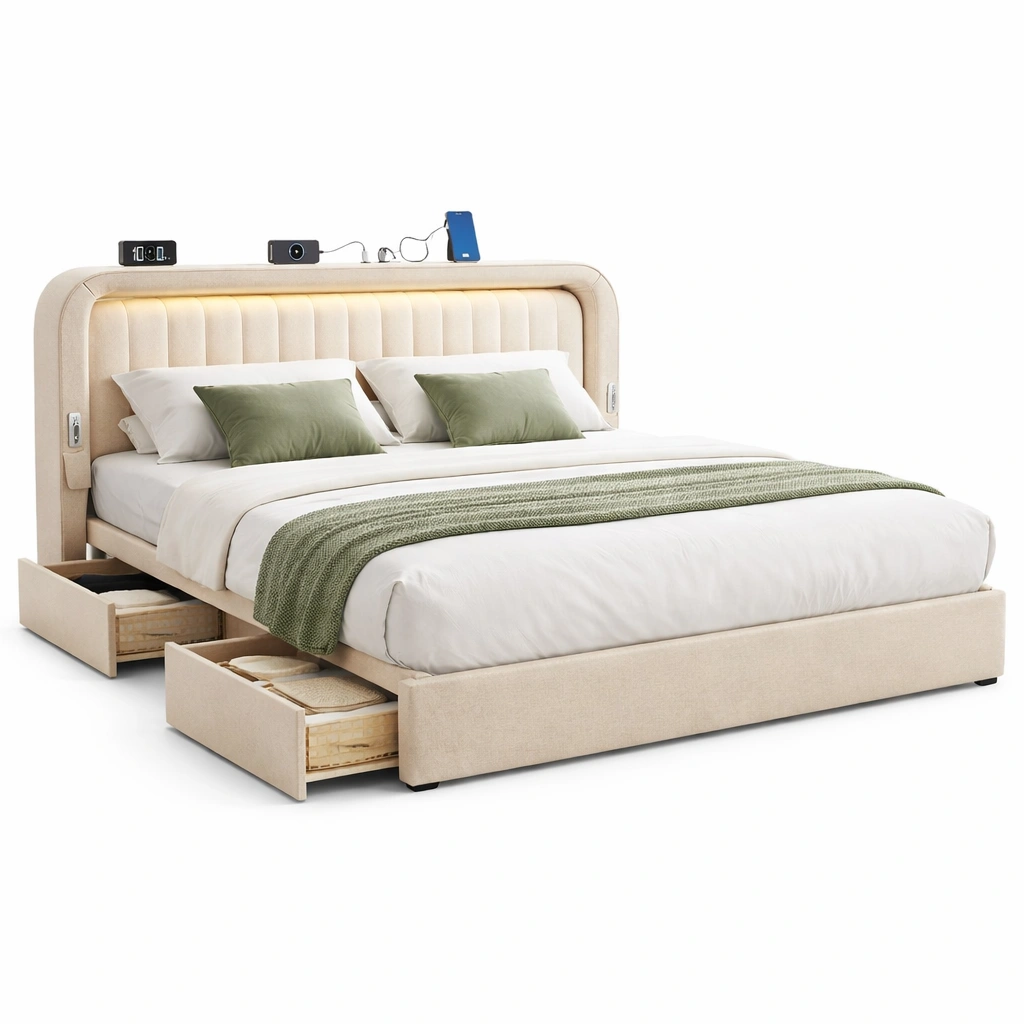 Lit rembourr avec rangement tiroirs et ports intgrs design moderne-nexqorin