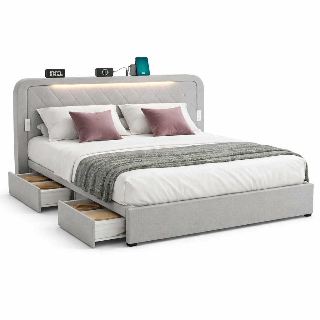 Lit rembourr avec rangement tiroirs et clairage design contemporain-nexqorin