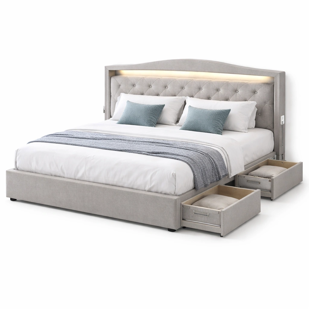 Lit rembourr avec rangement tiroirs et tte capitonne design lgant-nexqorin