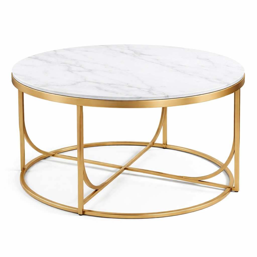 Table basse ronde avec plateau marbre et structure mtal dor-nexqorin