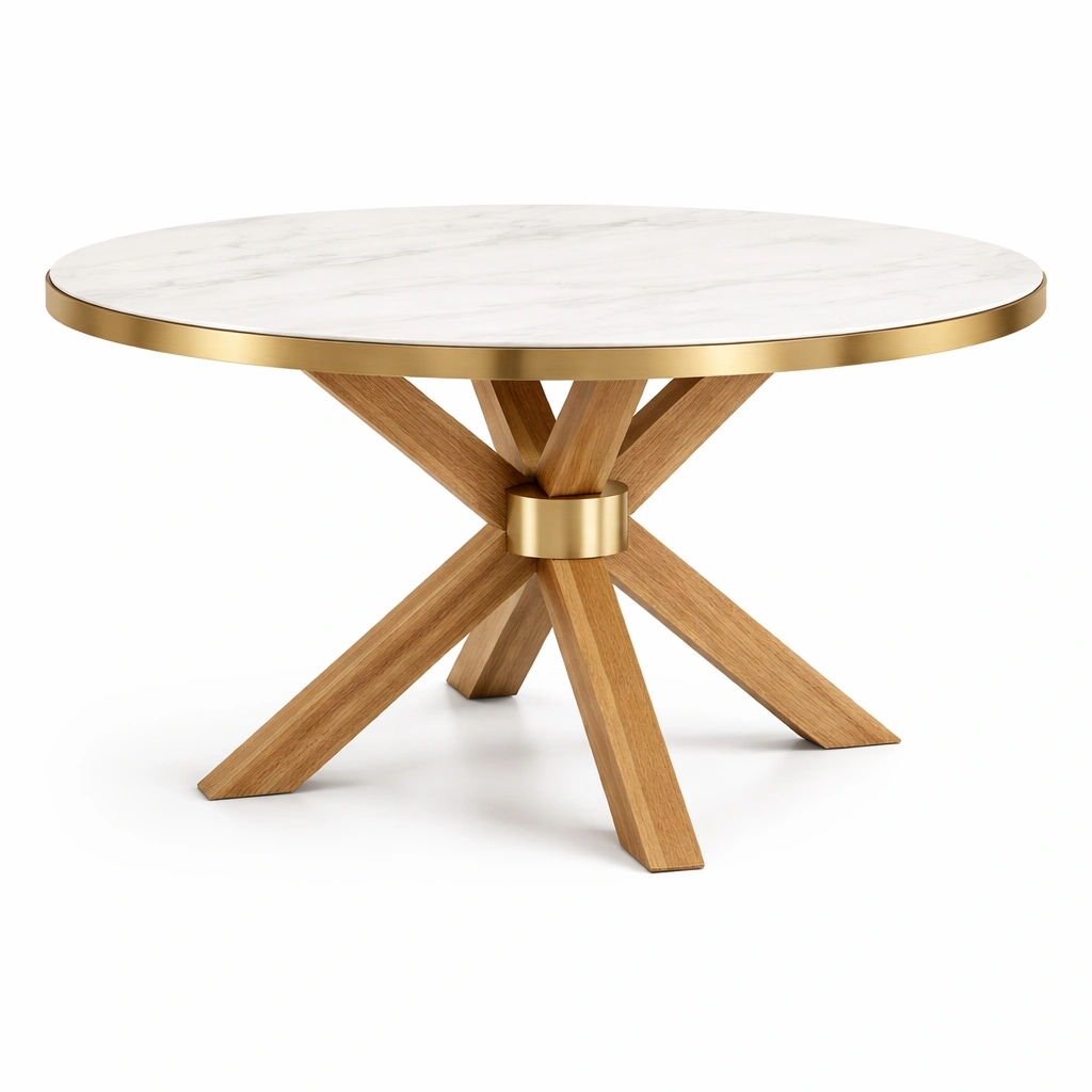 Table ronde avec plateau marbre et pieds bois design lgant-nexqorin