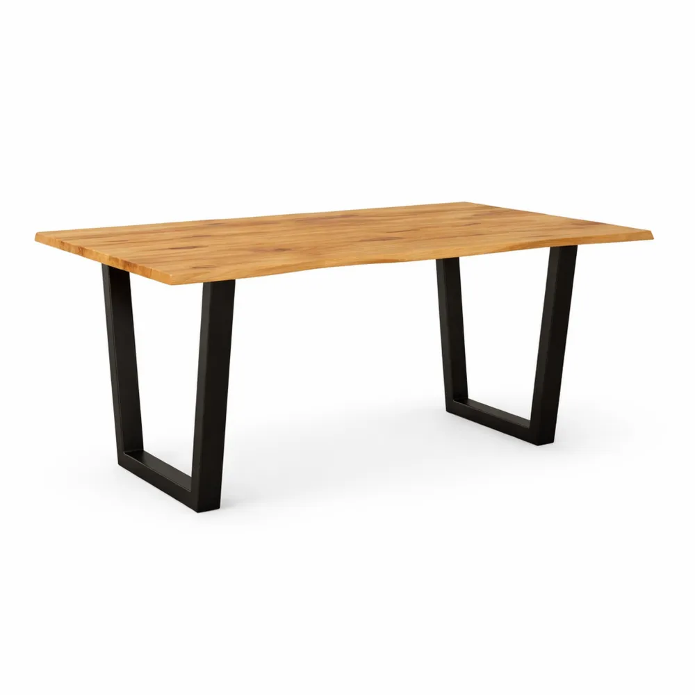 Esstisch aus Wildeicheholz mit Baumkante und schwarzem Metallgestell