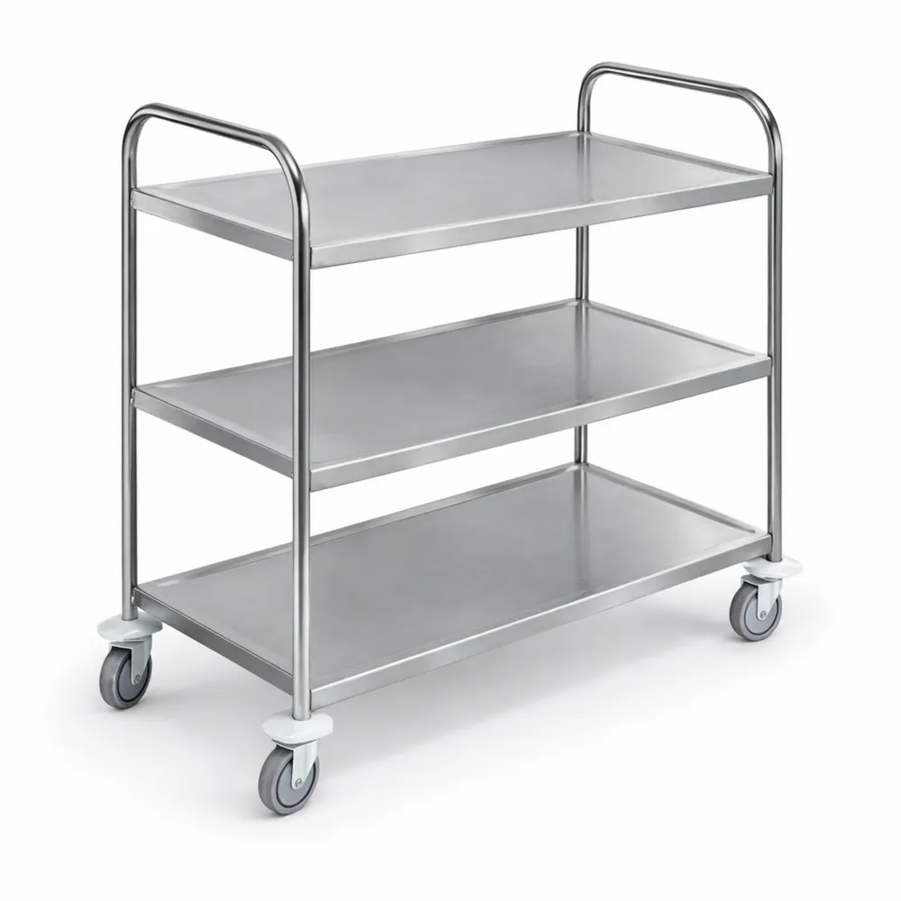 Servierwagen aus Edelstahl mit 3 Ebenen und Rollenbremsen