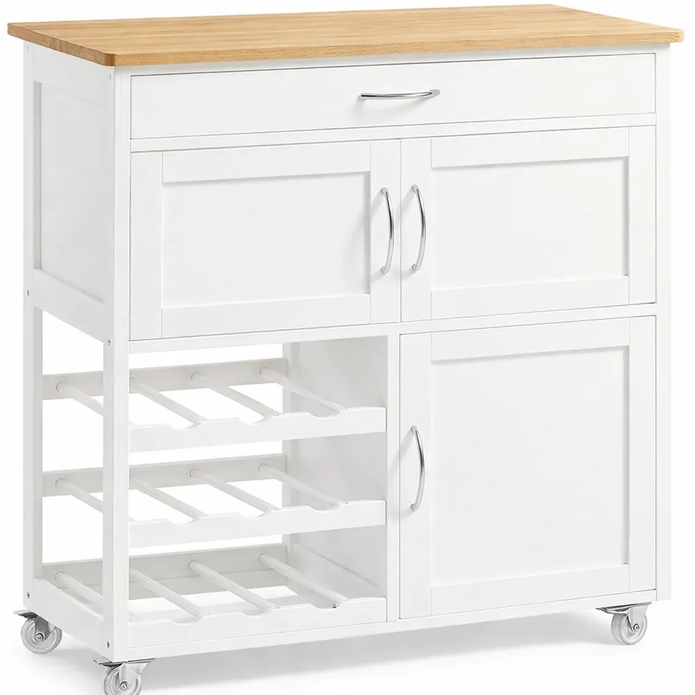 Funktionaler Servierwagen mit Rollen und Arbeitsplatte, Weinregal & Schublade, Weiße Kücheninsel für Innen- und Außenbereich 67x86x38cm