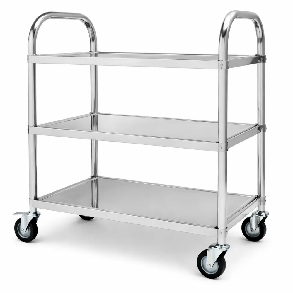 Edelstahl Servierwagen mit drei Ebenen und leisen Rädern
