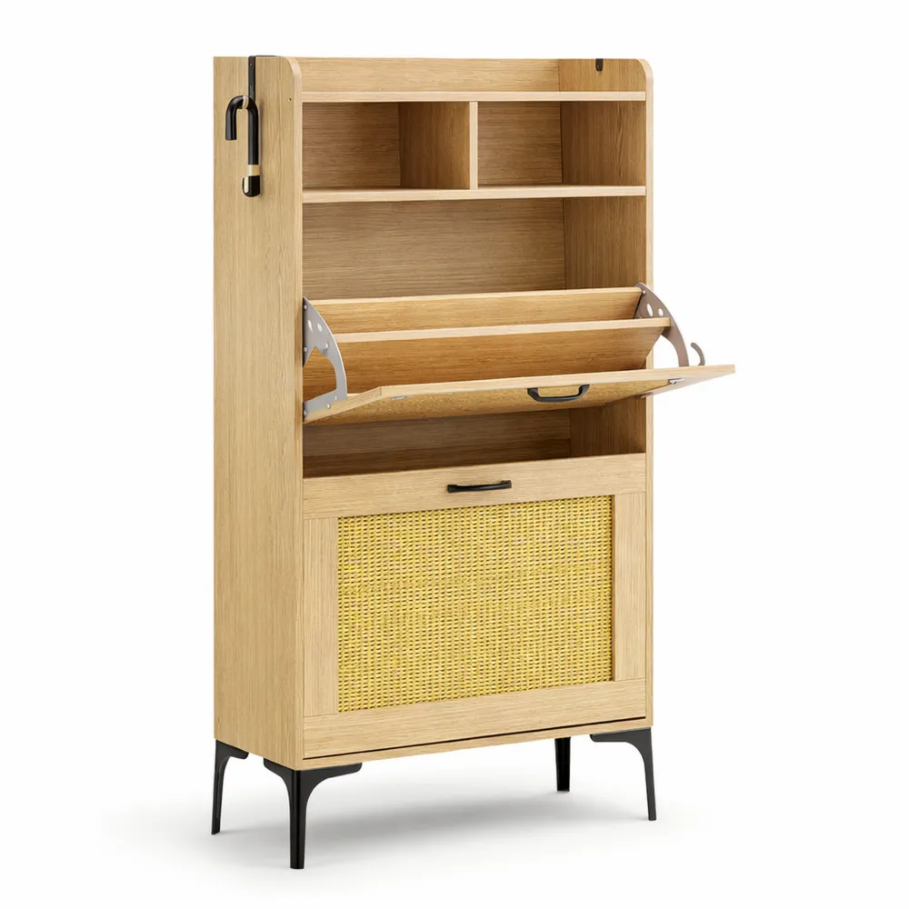 Schmaler Schuhschrank mit Rattan-Dekor und verstellbaren Fächern