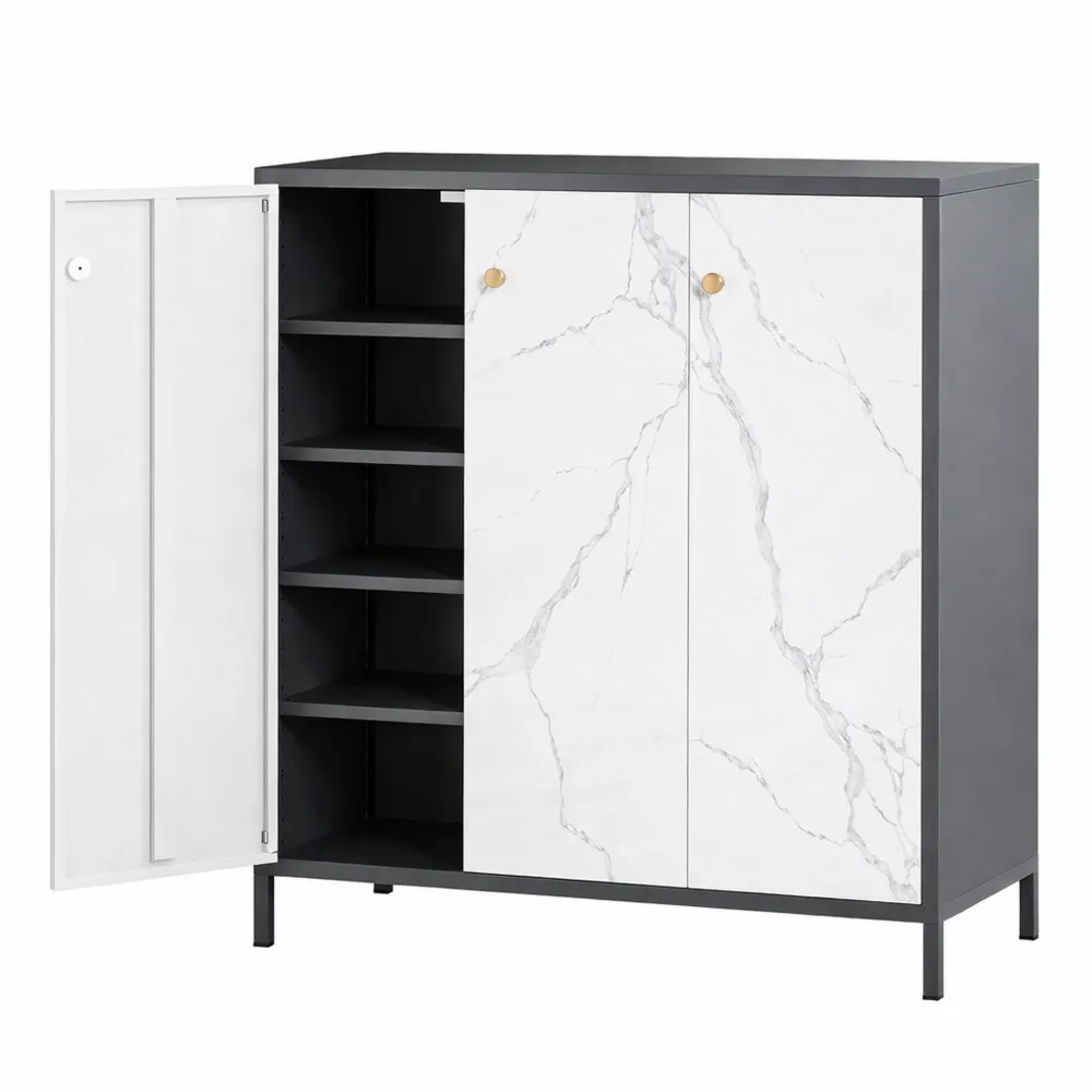 Moderner Schuhschrank mit 3 Türen und verstellbaren Ablagen, 90x108x40 cm, Grau/Weiß