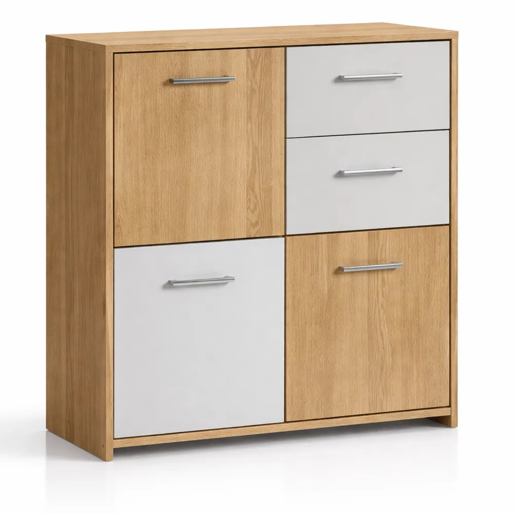 Moderne Kommode mit 3 Türen und 2 Schubladen, Sonoma Eiche Weiß, 77,2 x 29,6 x 77,5 cm