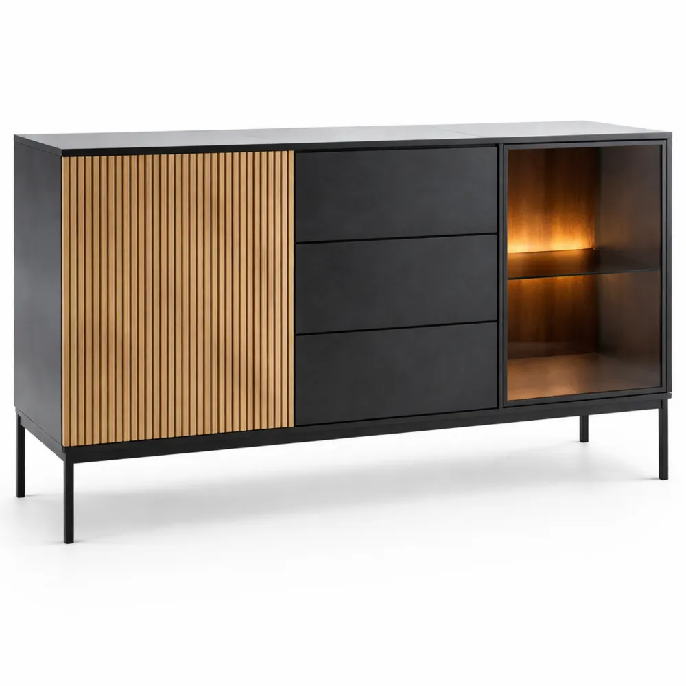 Moderne Kommode mit Lamellen und LED, loftartig, mit Schubladen, 154 cm