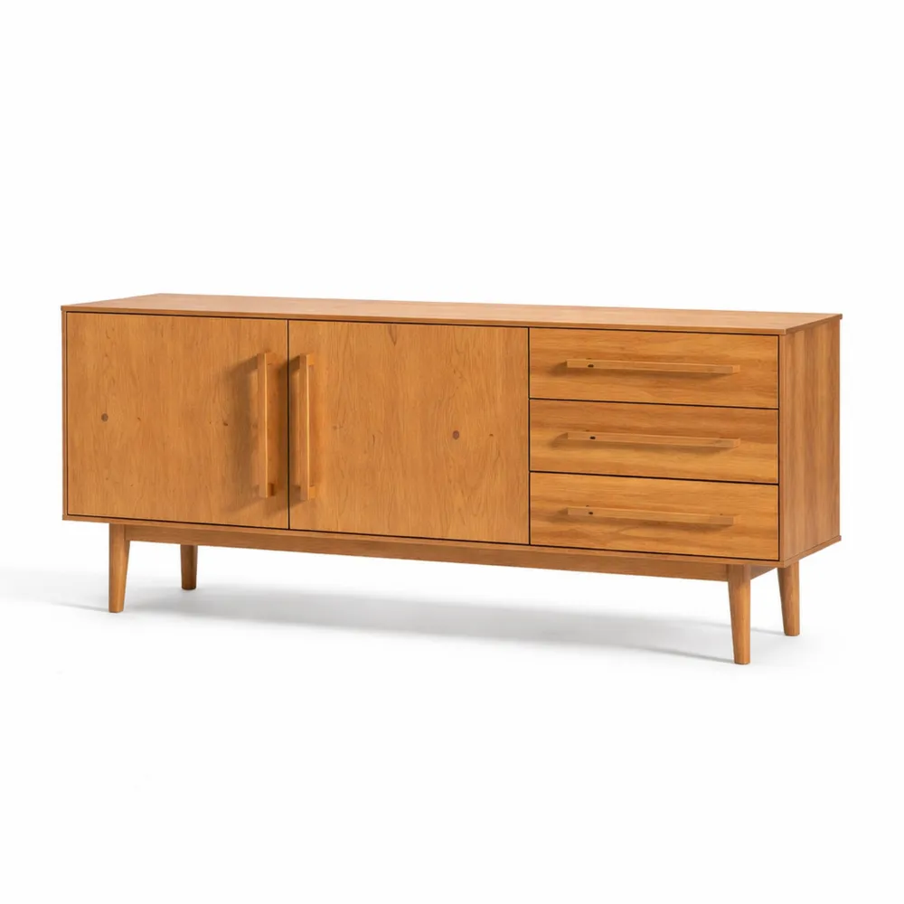 Sideboard mit Türen und Schubladen, Eichefarben – Massivholzkommode im Mid-Century-Stil