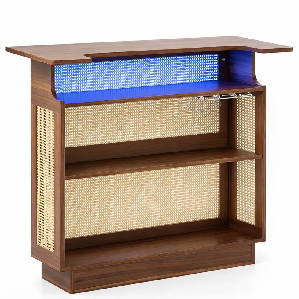 Moderne Bartheke aus Holz mit LED & Gläserhalter, Küchenregal im Industrie-Design