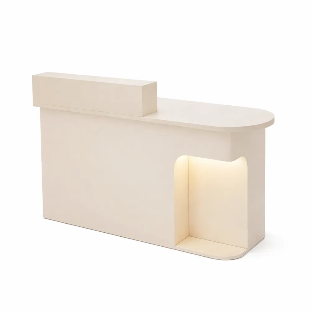 Moderne Empfangstheke mit sanfter Beleuchtung für Büro und Lobby, Holzwerkstoff, Beige