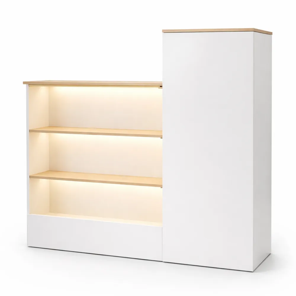 Rezeptionstheke mit LED-Beleuchtung und Stauraum, Ladentheke weißes Holzdesign