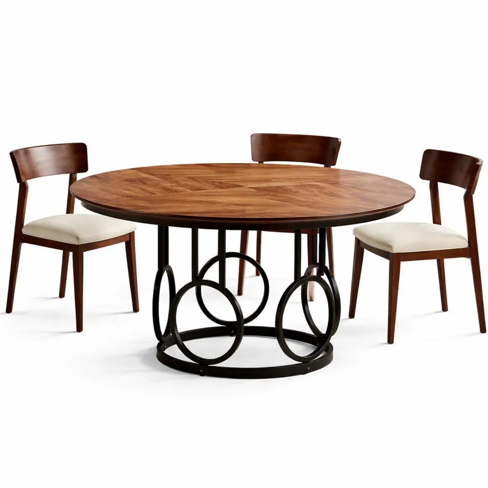 Großer runder Holztisch mit Metallsockel für 4–6 Personen