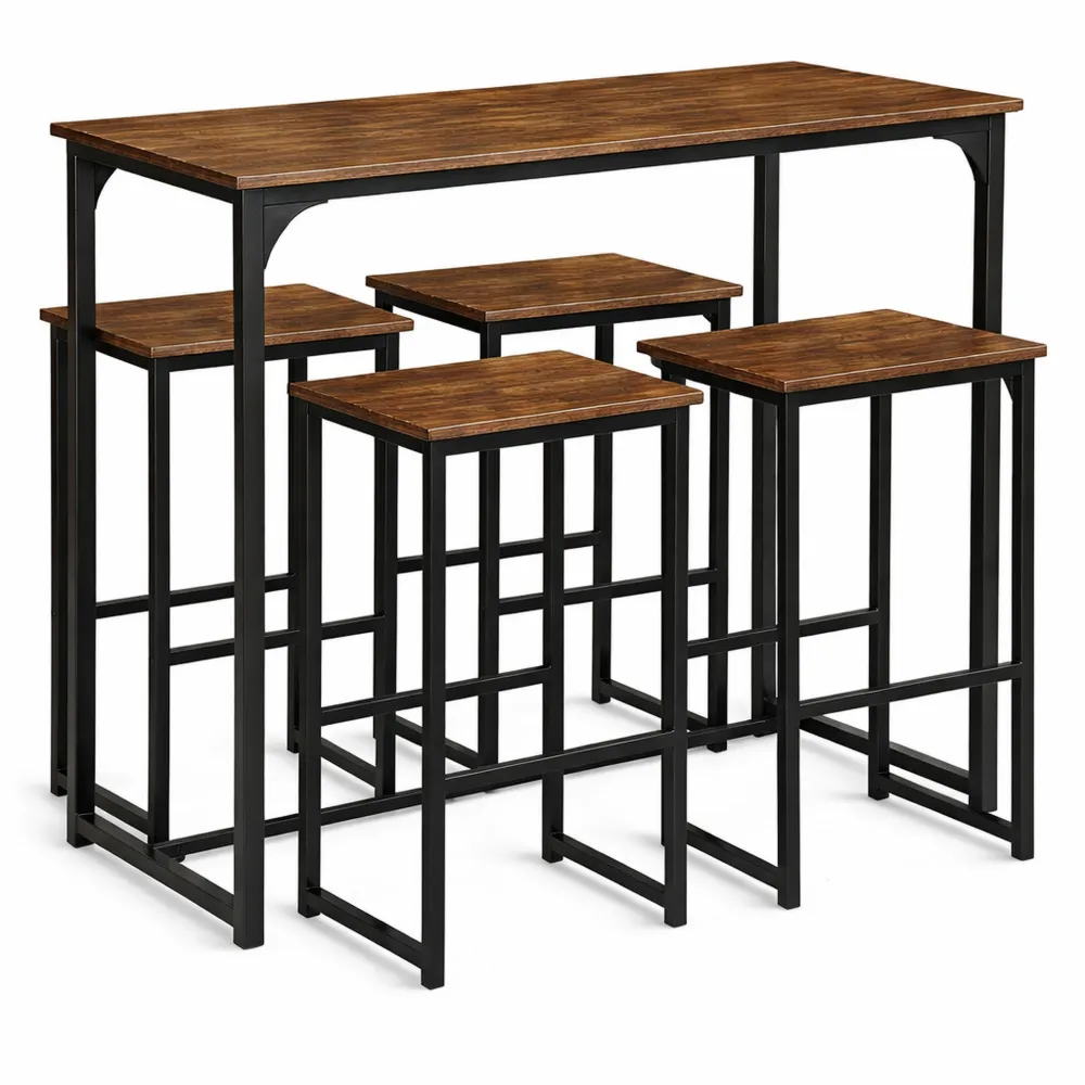 Industrieller Bartisch mit 4 Hockern für Esszimmer und Küche, Vintage-Braun
