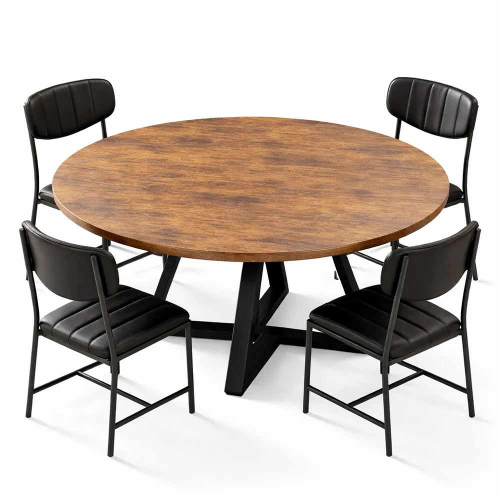 Runder Esstisch mit 4 Stühlen im Industrial Design, platzsparend, Holzoptik