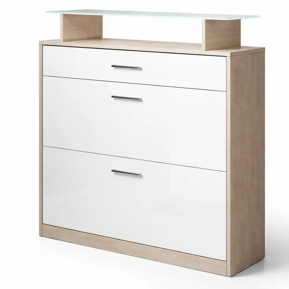 Moderne Flurmöbel mit Schuhschrank und LED-Glasablage, Sonoma-Weiß