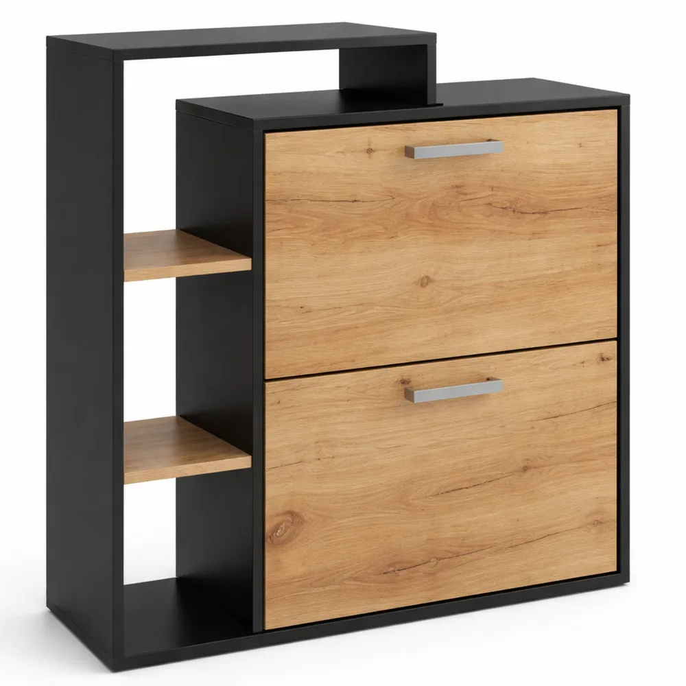 Schuhregal mit Klappfächern, Eiche/Anthrazit, platzsparend