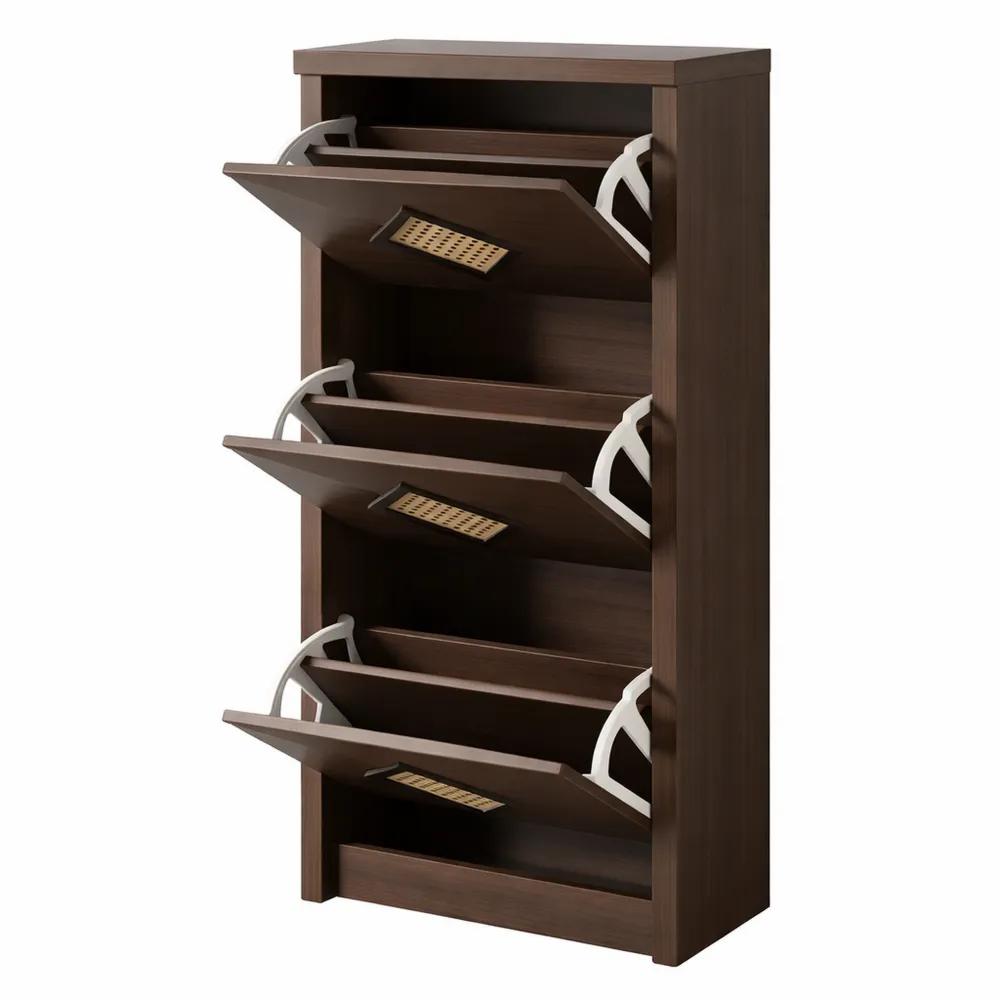 Schmaler Schuhschrank im Landhausstil mit Rattandekor, platzsparende 3 Klappfächer