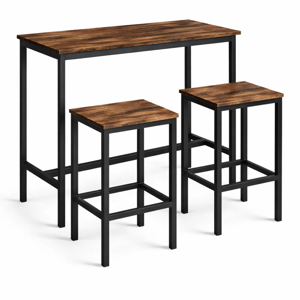 Industrieller Bartisch mit 2 Hockern, Vintage-Stahlrahmen