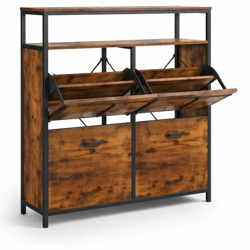 Platzsparendes Schuhregal mit 4 Klappen für 12-20 Paar Schuhe, staubdicht, 30 x 98,3 x 95 cm, für den Flur, vintagebraun-schwarz