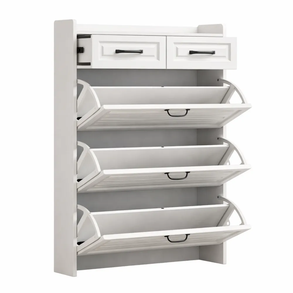 Platzsparender Schuhschrank mit Drehregal und Schubladen, Weiß