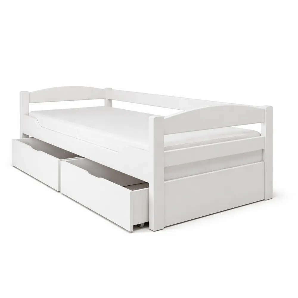 Einzelbett mit Schubladen und Abdeckblenden, 90 x 200 cm, Buche weiß lackiert