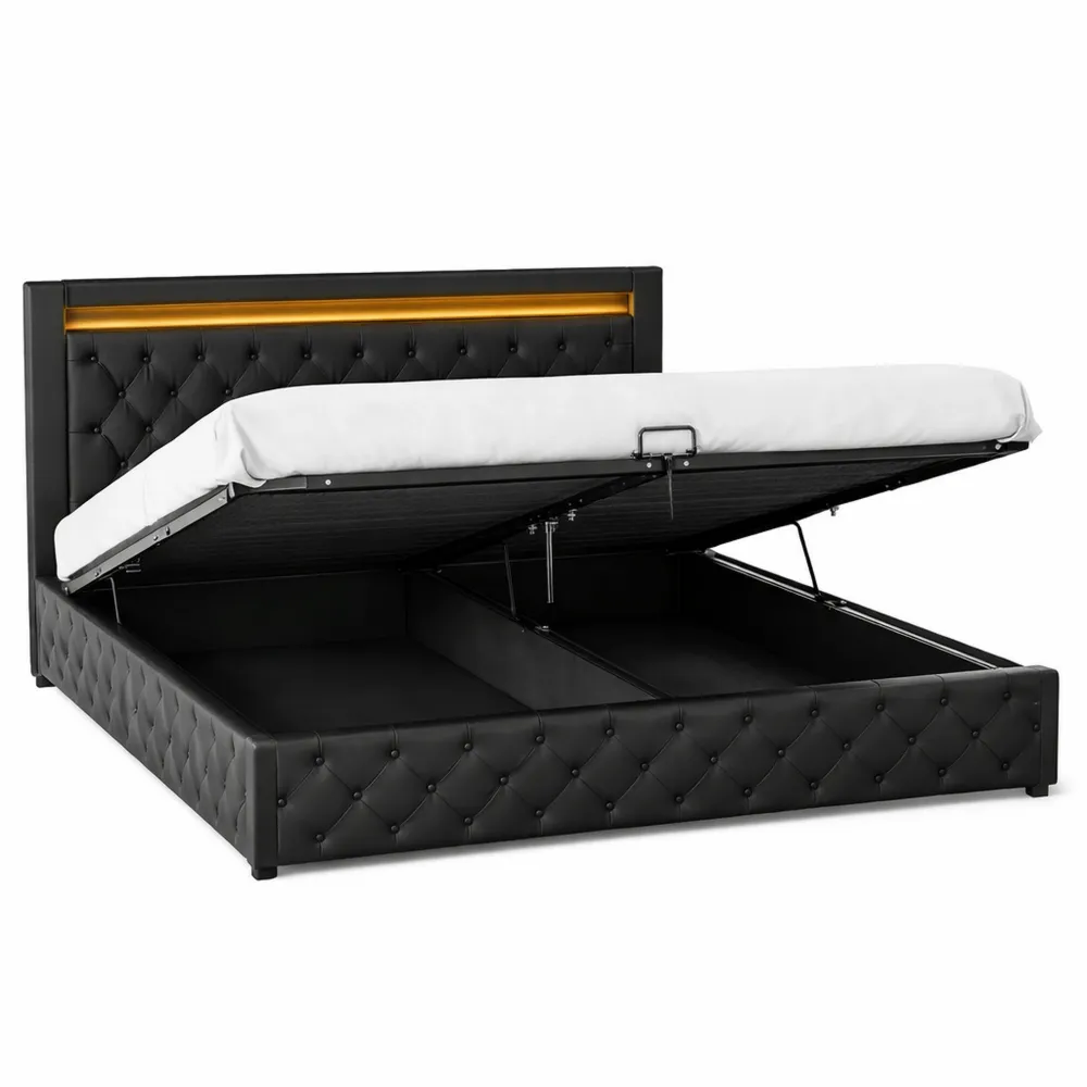 Polsterbett 140x200 cm mit Stauraum und LED-Beleuchtung, Kunstleder Schwarz