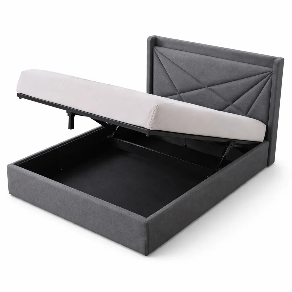 Einzelbett 90x200 cm mit USB-Kopfteil und Stauraum, Hydraulischer Metallrahmen mit Lattenrost