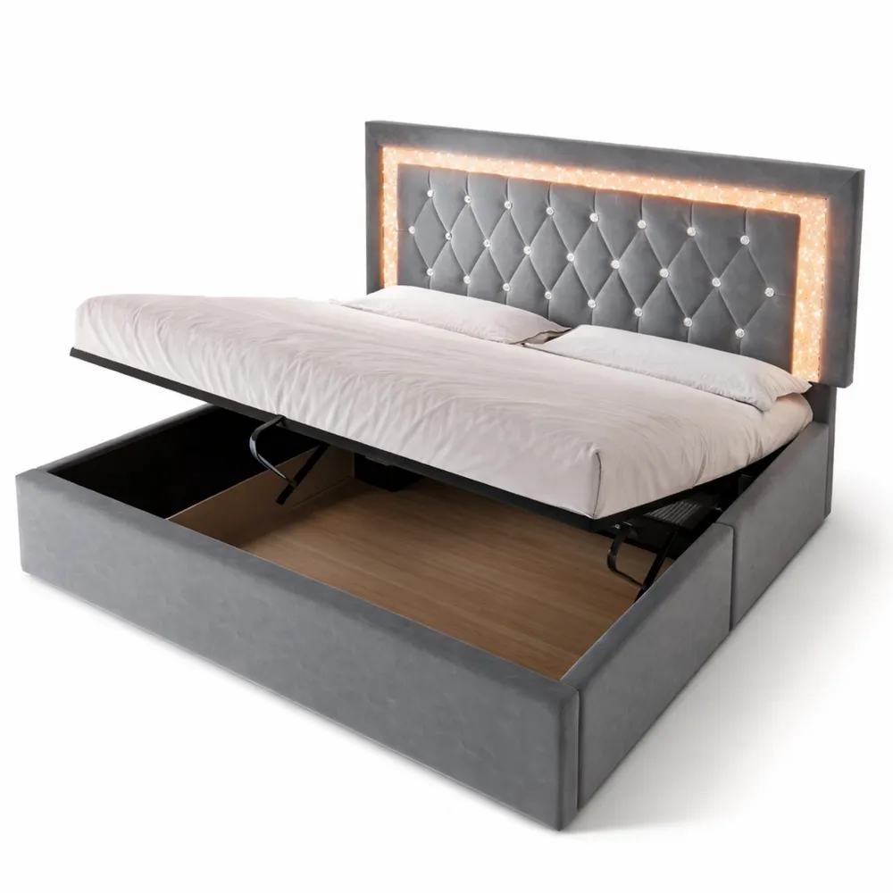 Samt-Polsterbett 180x200 mit Stauraum und LED im Kopfteil