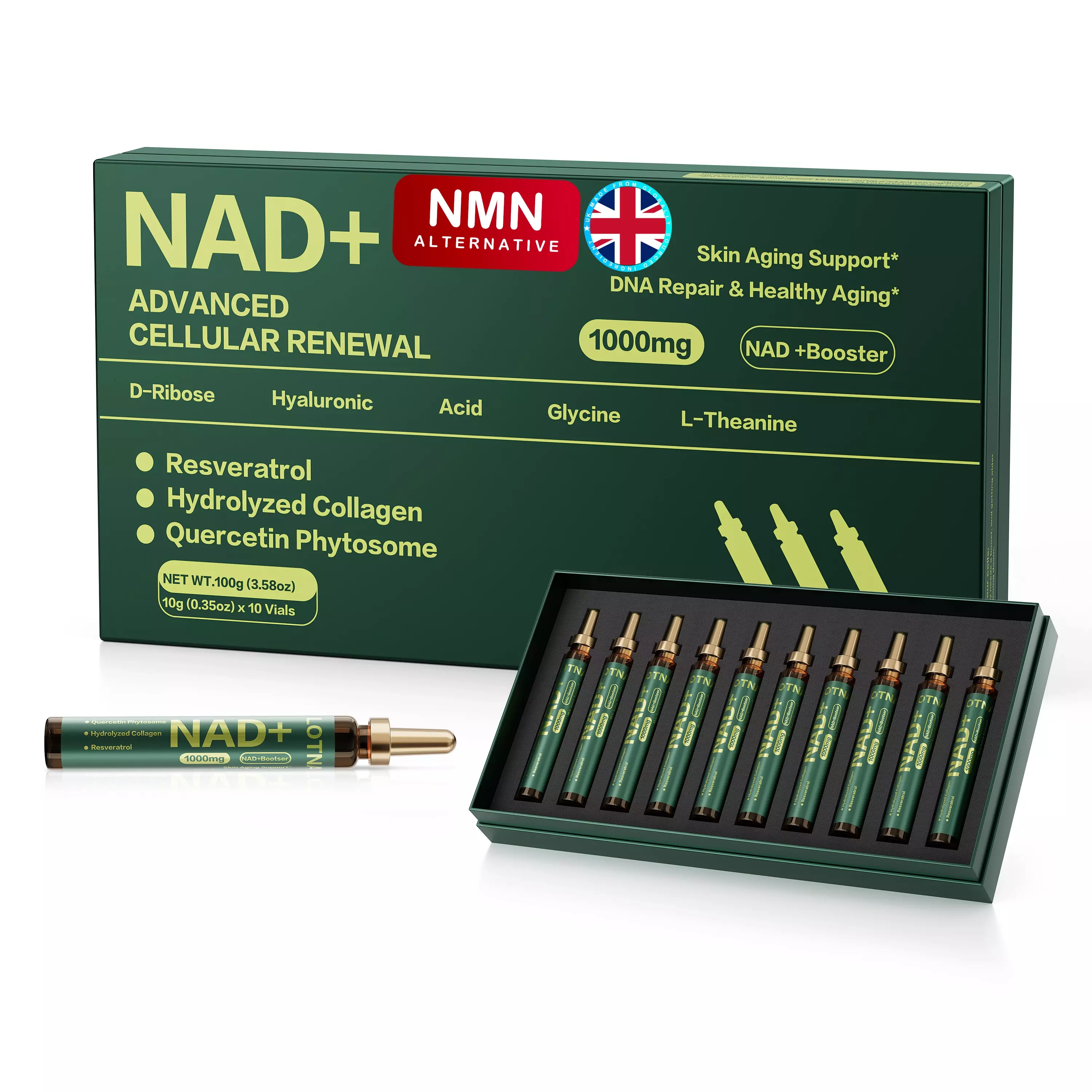 NAD+ Cellular Energy Supplement with Nicotinamide Riboside, Resveratrol, CoQ10, D-Ribose, Berry Flavor, 10 Vials