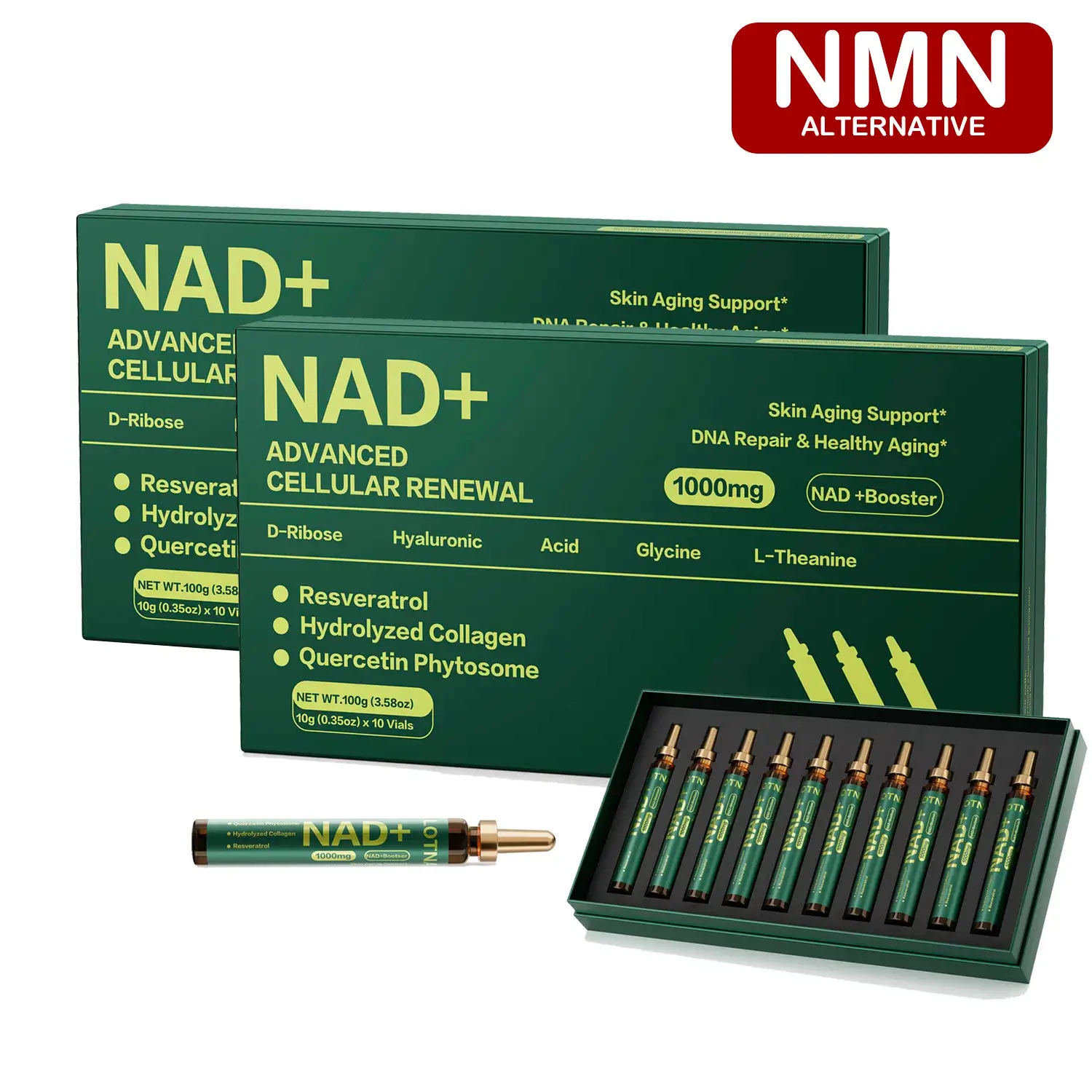 NAD+ Cellular Energy Supplement with Nicotinamide Riboside, Resveratrol, CoQ10, D-Ribose, Berry Flavor, 10 Vials