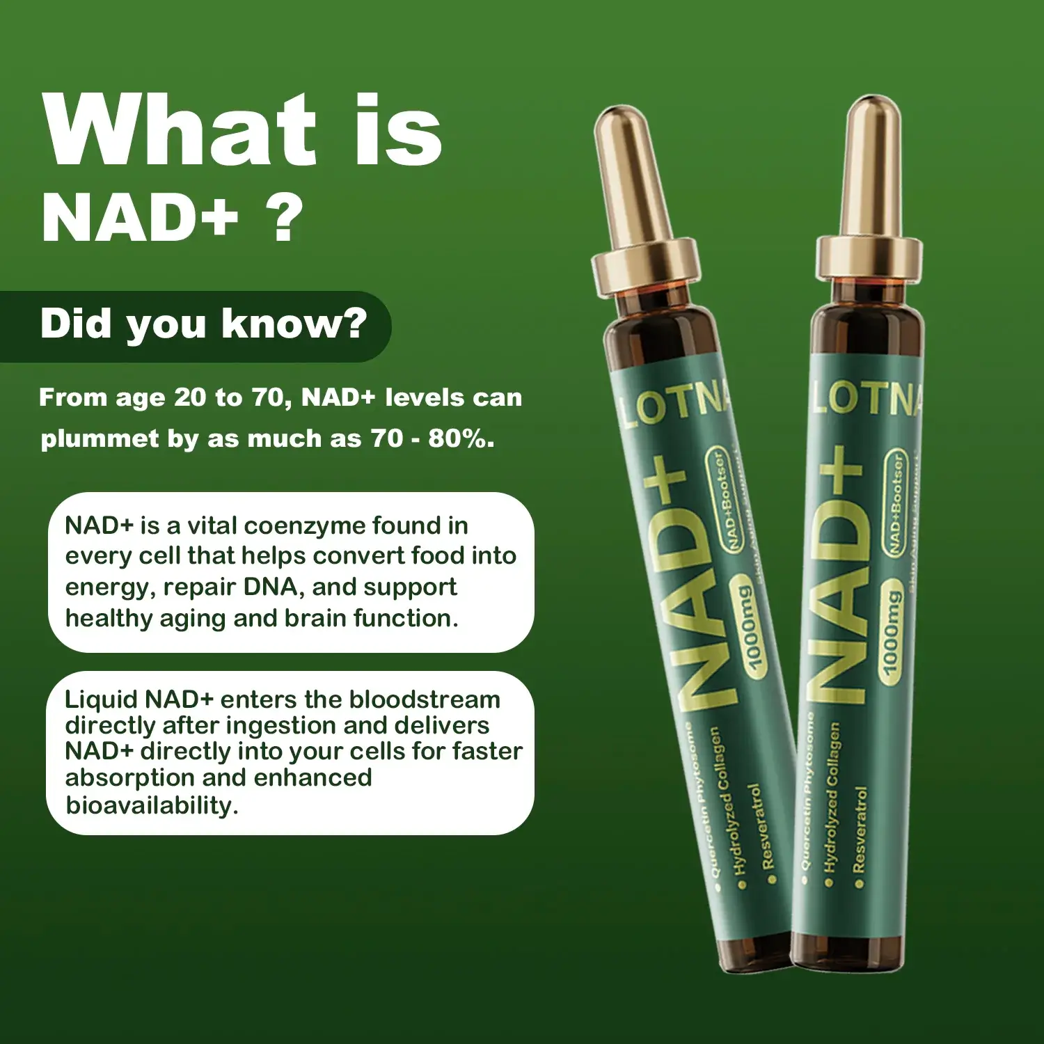 NAD+ Cellular Energy Supplement with Nicotinamide Riboside, Resveratrol, CoQ10, D-Ribose, Berry Flavor, 10 Vials