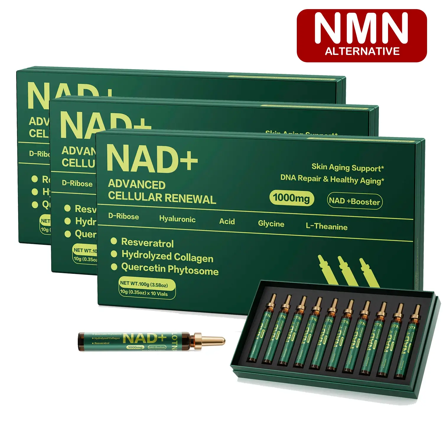 NAD+ Cellular Energy Supplement with Nicotinamide Riboside, Resveratrol, CoQ10, D-Ribose, Berry Flavor, 10 Vials
