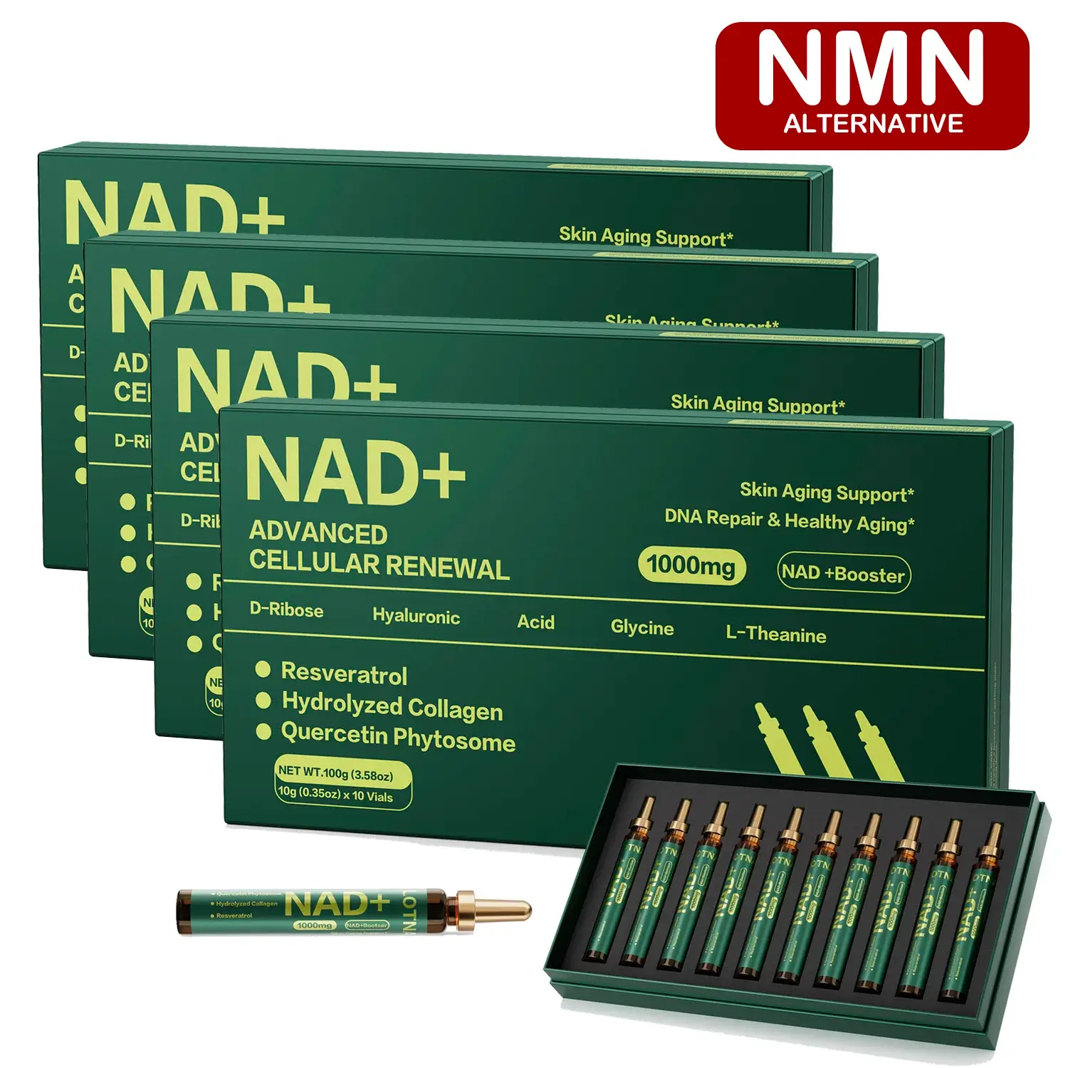 NAD+ Cellular Energy Supplement with Nicotinamide Riboside, Resveratrol, CoQ10, D-Ribose, Berry Flavor, 10 Vials