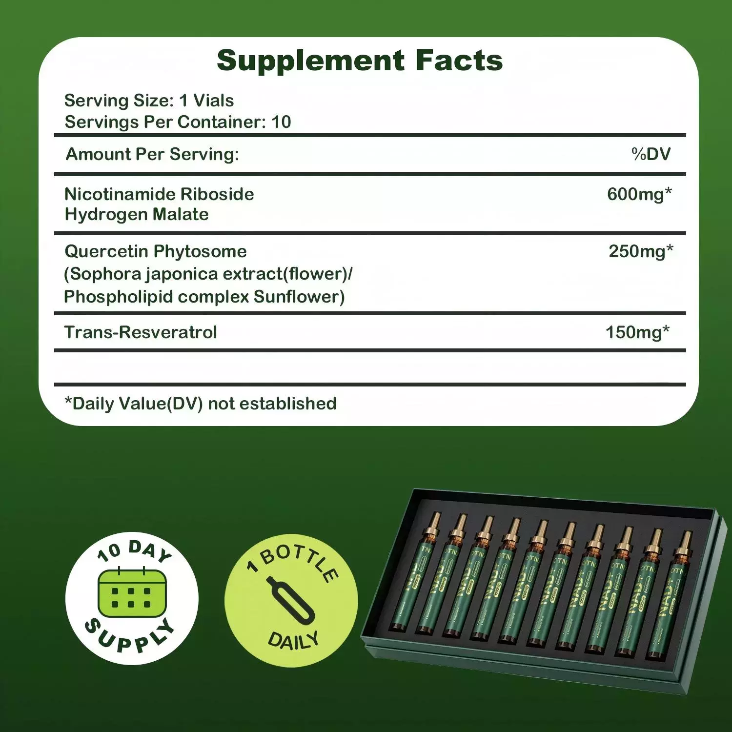 NAD+ Cellular Energy Supplement with Nicotinamide Riboside, Resveratrol, CoQ10, D-Ribose, Berry Flavor, 10 Vials