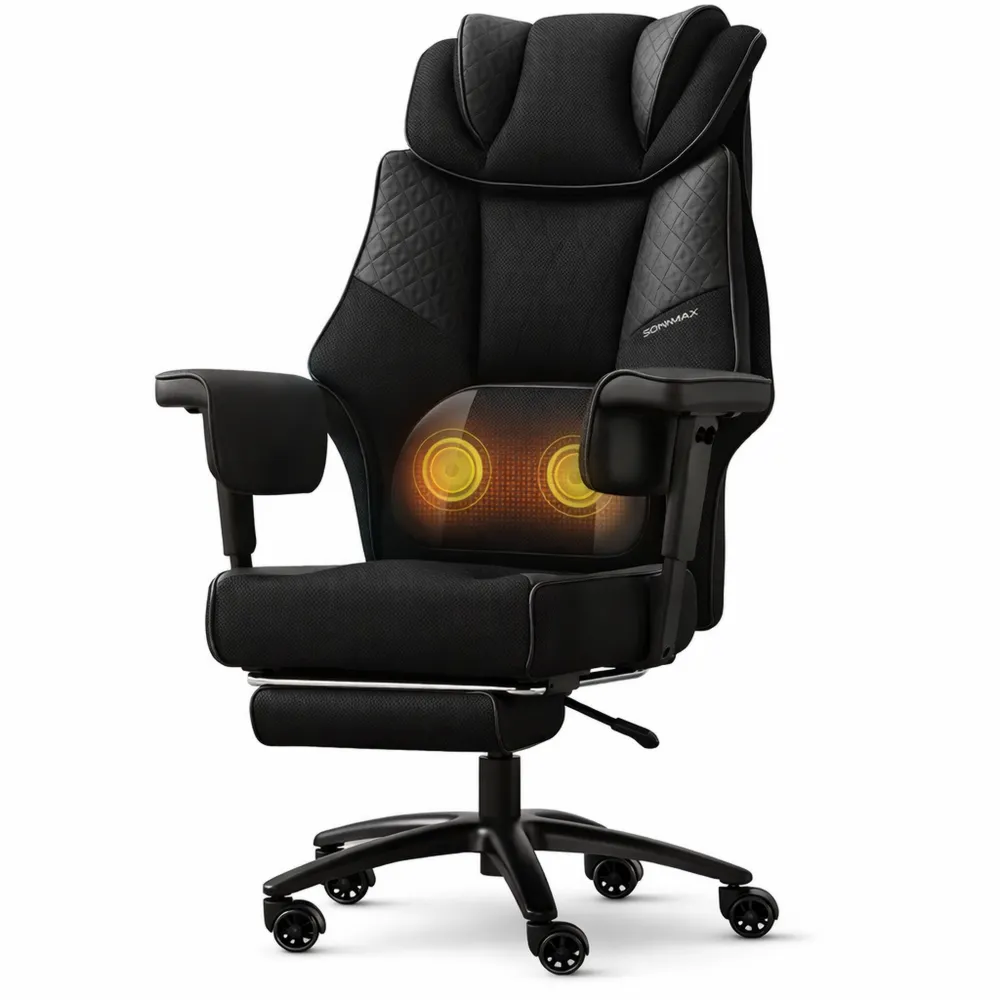Ergonomischer Bürostuhl mit Massagefunktion und Fußstütze, Atmungsaktives Mesh, Verstellbare Armlehnen, Extra-Dicke Sitzpolsterung, Schwarz